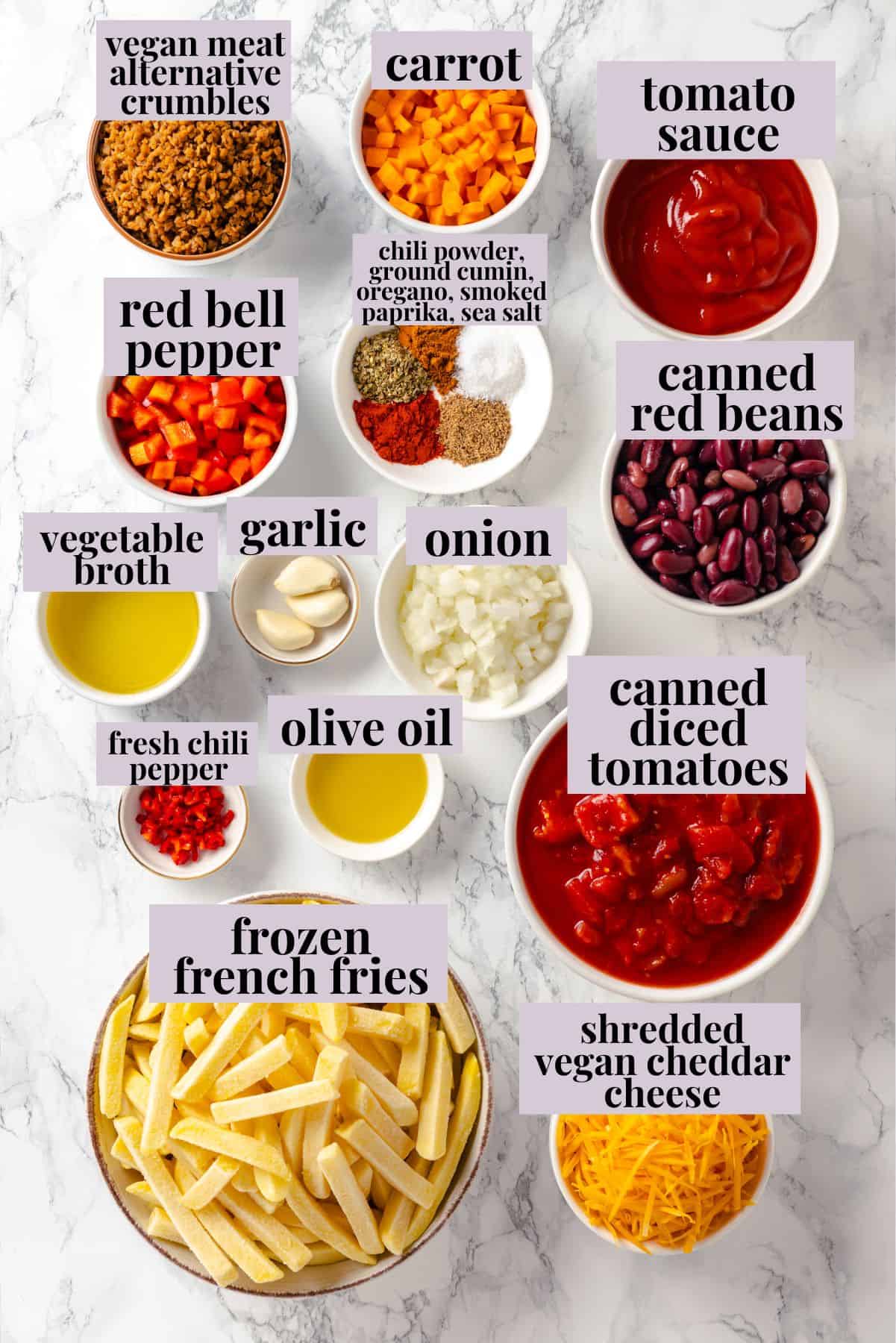 Ingredients for chili cheese fries recipe.