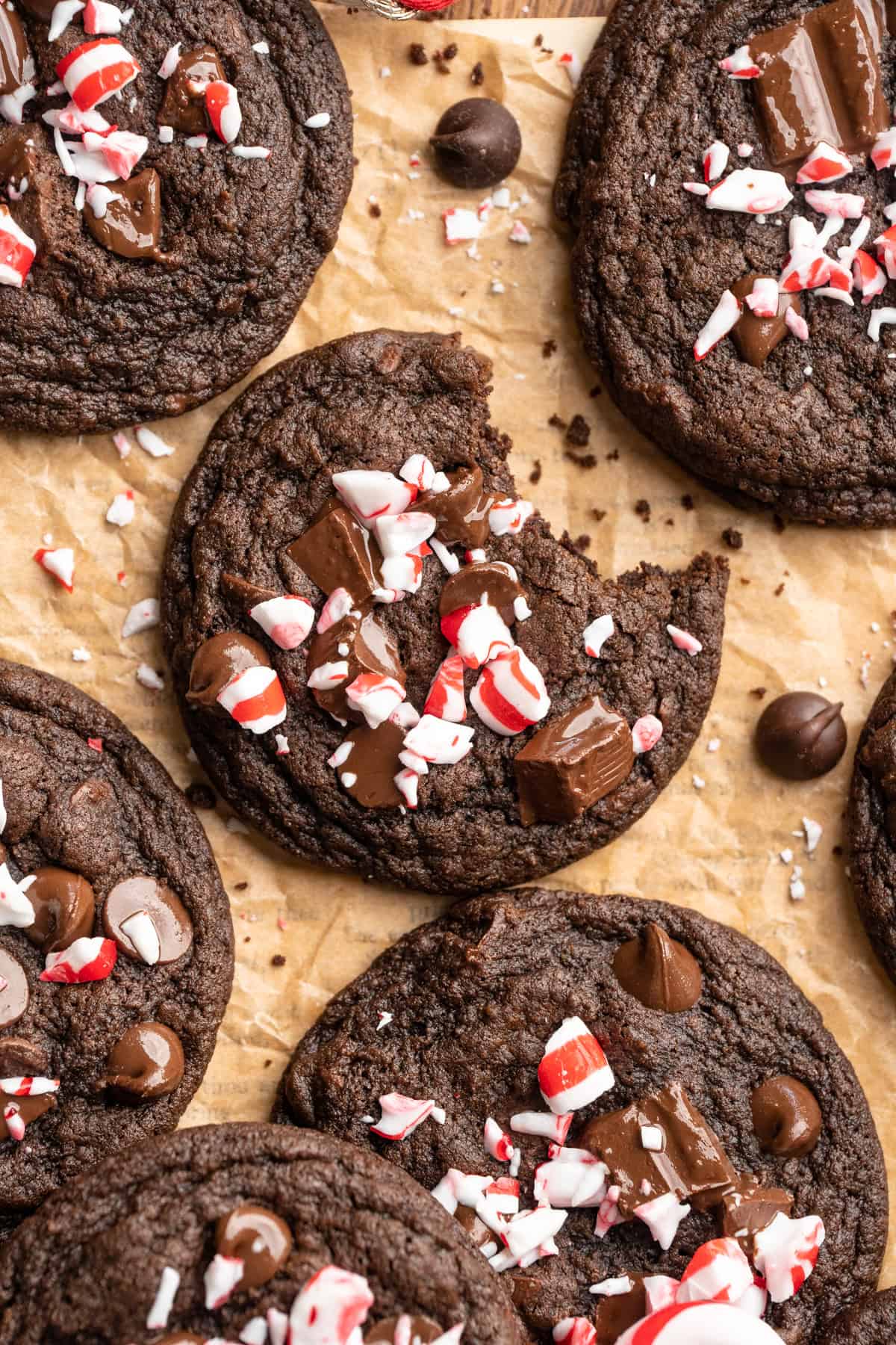 Chewy vegan peppermint chocolate cookies with candy cane topping.
