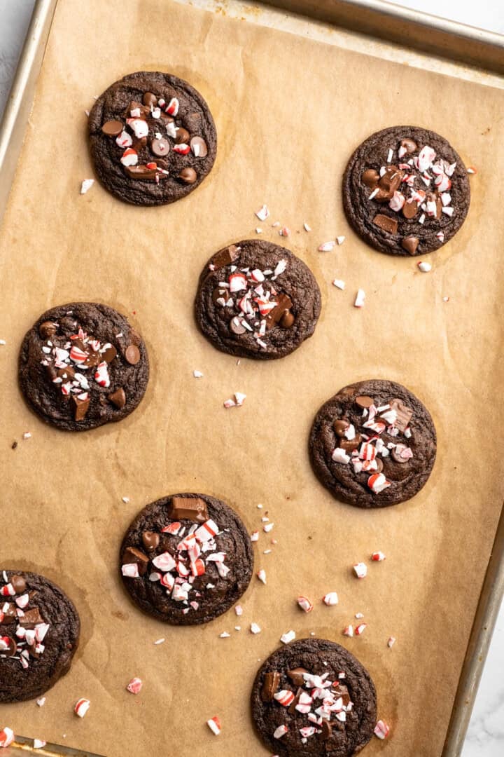 Vegan peppermint chocolate cookies on baking sheet.