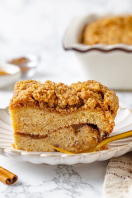 Vegan coffee cake on plate with fork.