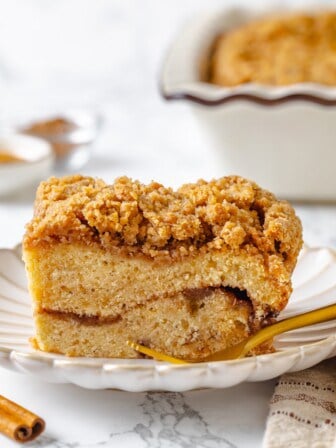 Vegan coffee cake on plate with fork.