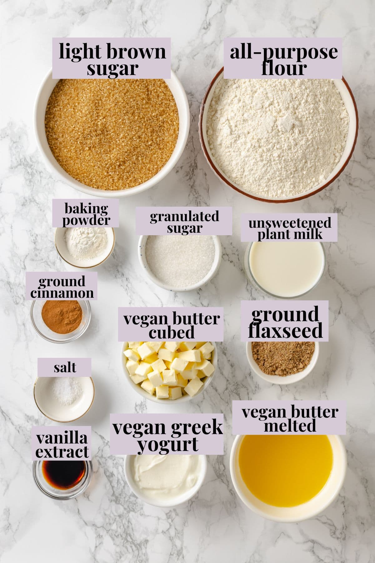 This vegan coffee cake recipe is a bakery-style treat! Moist and tender, with a cinnamon swirl and irresistible crumb topping. Delicious! Ingredients for coffee cake recipe with labels.