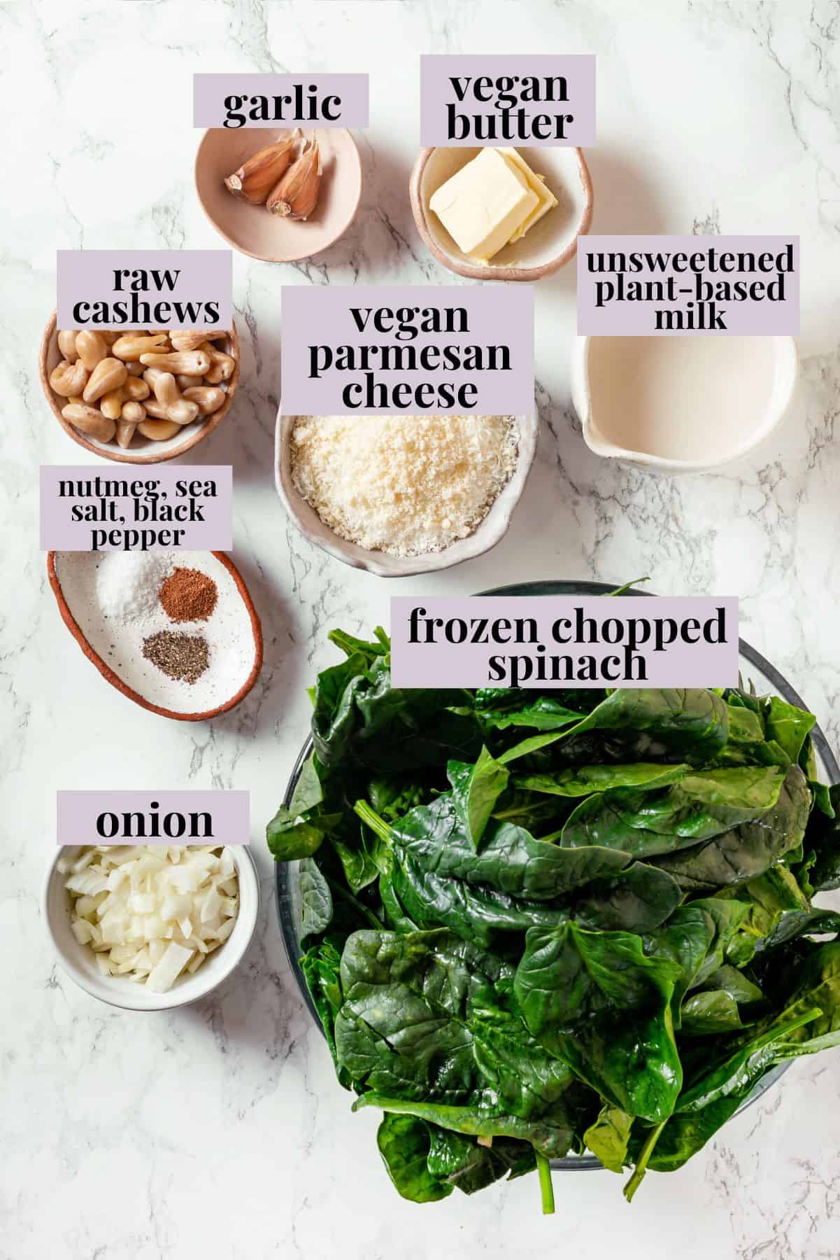 Ingredients for creamed spinach recipe.