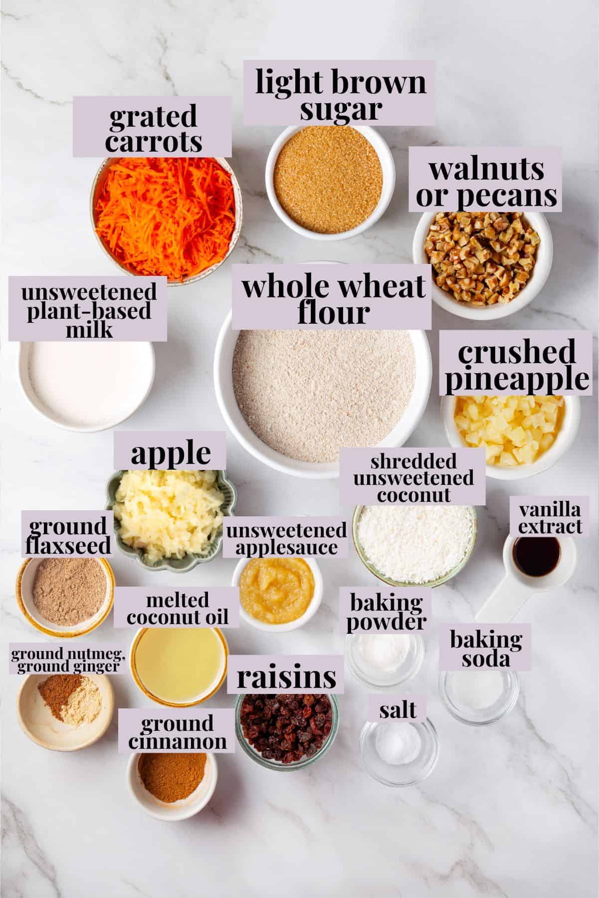 With cozy spices, carrots, pineapple, and apple, along with a nutty crunch, these vegan morning glory muffins are super moist and so delish! Overhead view of ingredients for morning glory muffins.