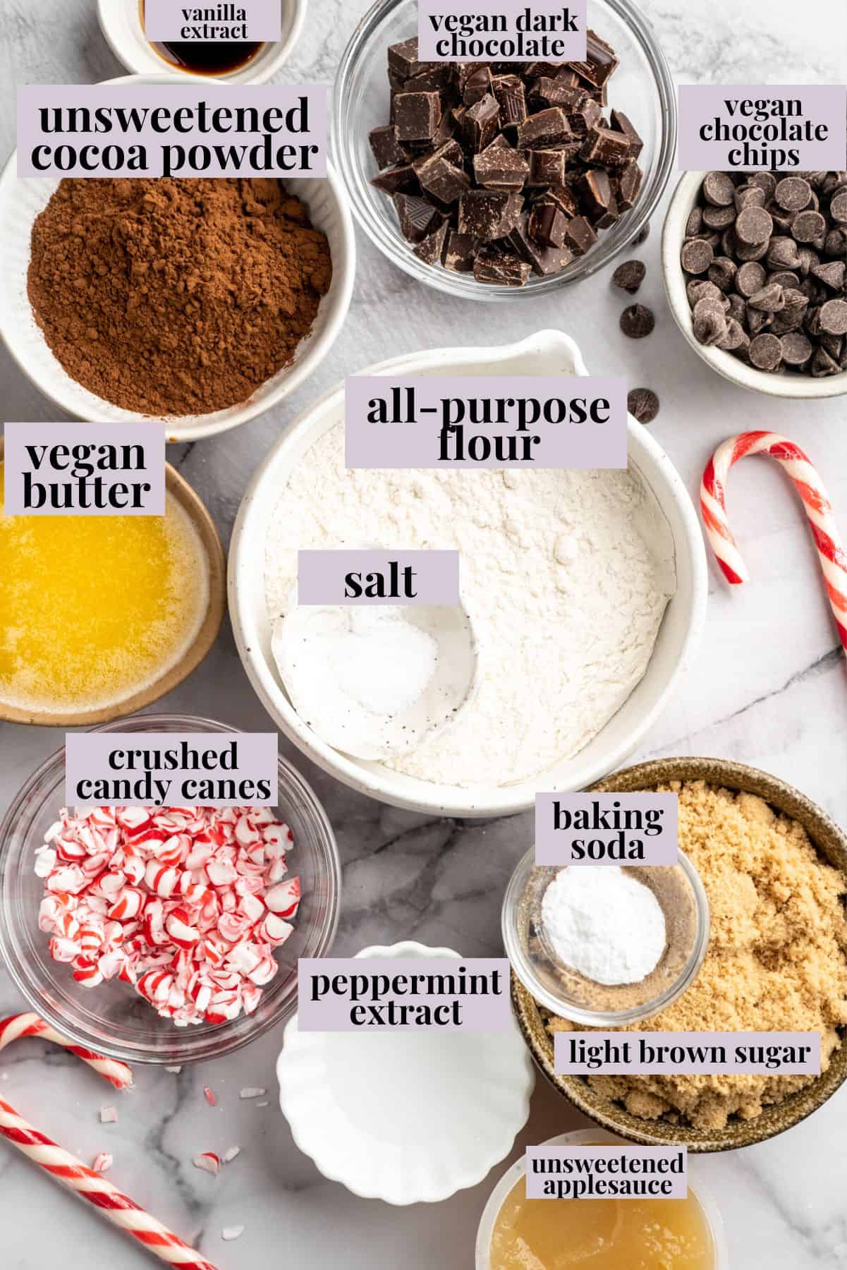 Ingredients for peppermint chocolate cookies.