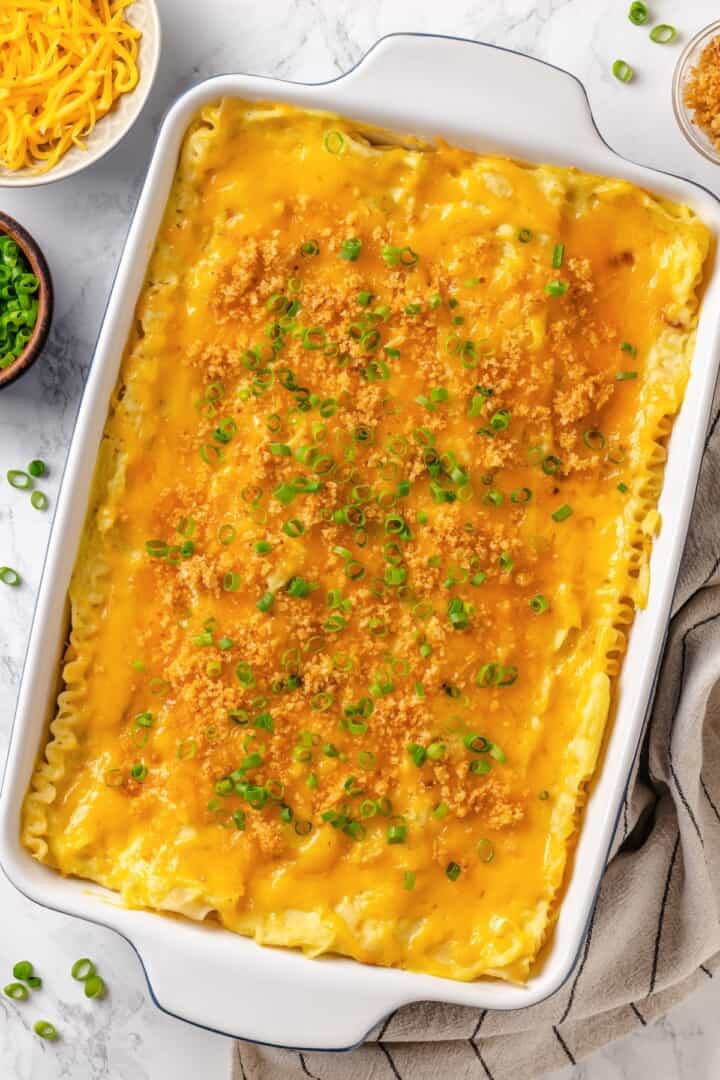 This vegan pierogi casserole layers a cheesy potato filling with lasagna noodles for pierogi vibes without the work of making dumplings! Cheesy pierogi casserole in baking dish topped with breadcrumbs and green onions.