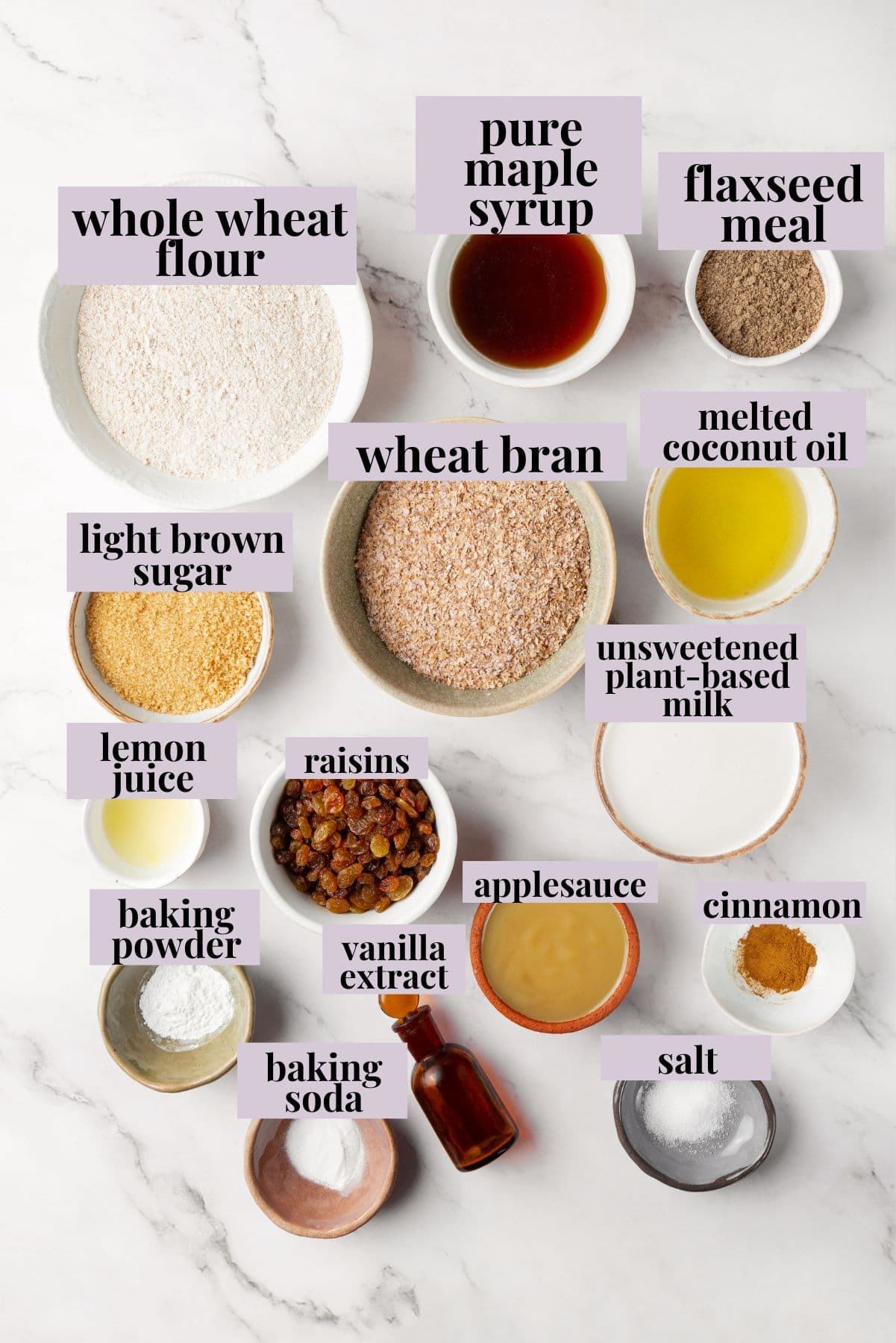 This moist vegan bran muffin recipe is made with whole wheat flour, raisins, and spiced with cinnamon for an easy, wholesome breakfast! Ingredients for bran muffin recipe.