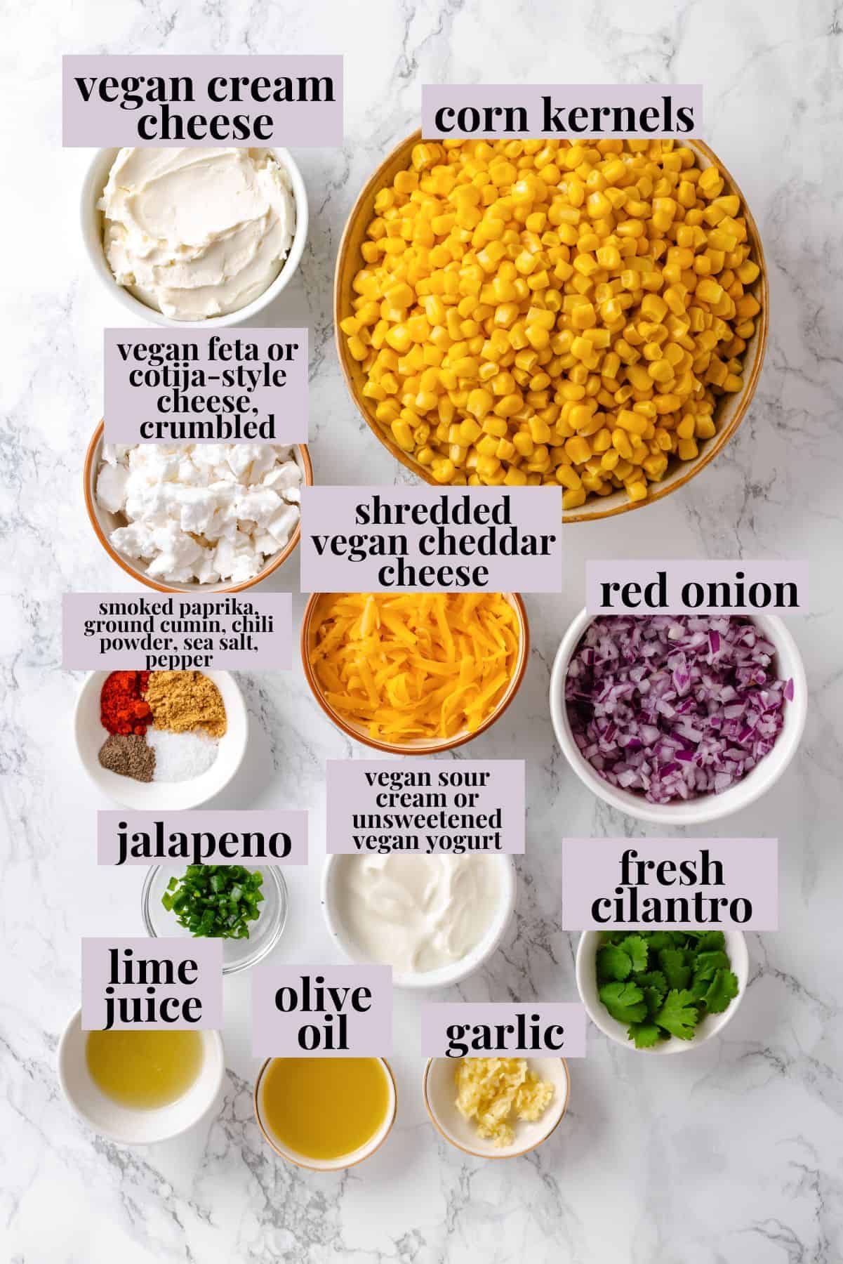This vegan Mexican Street Corn Dip is creamy, smoky, and a little bit spicy (just like elotes!) for an easy appetizer everyone will love! Ingredients for vegan Mexican street corn dip with labels.