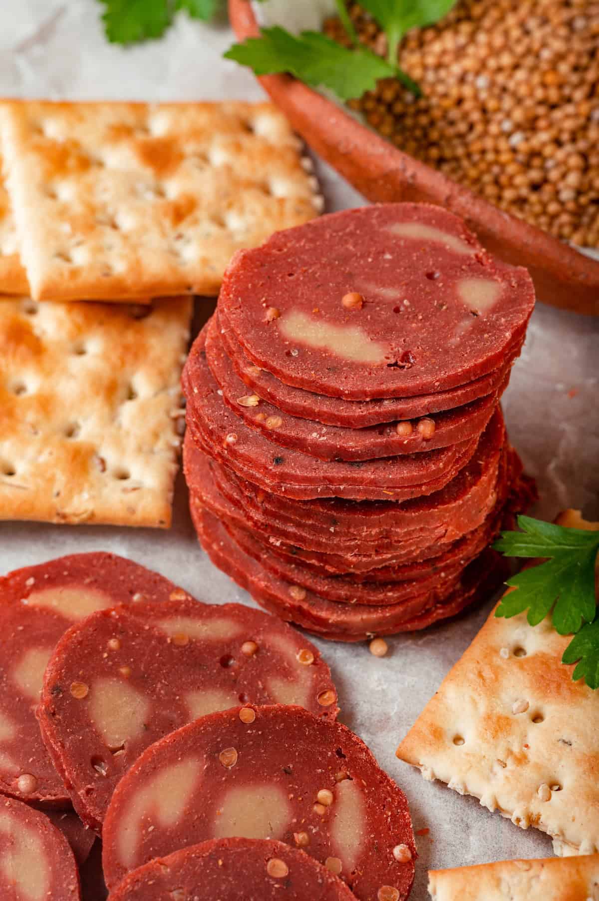 This easy vegan salami recipe is smoky, savoury and sliceable, just like the real deal! Perfect for sandwiches and charcuterie boards. Stack of sliced vegan salami with saltines.
