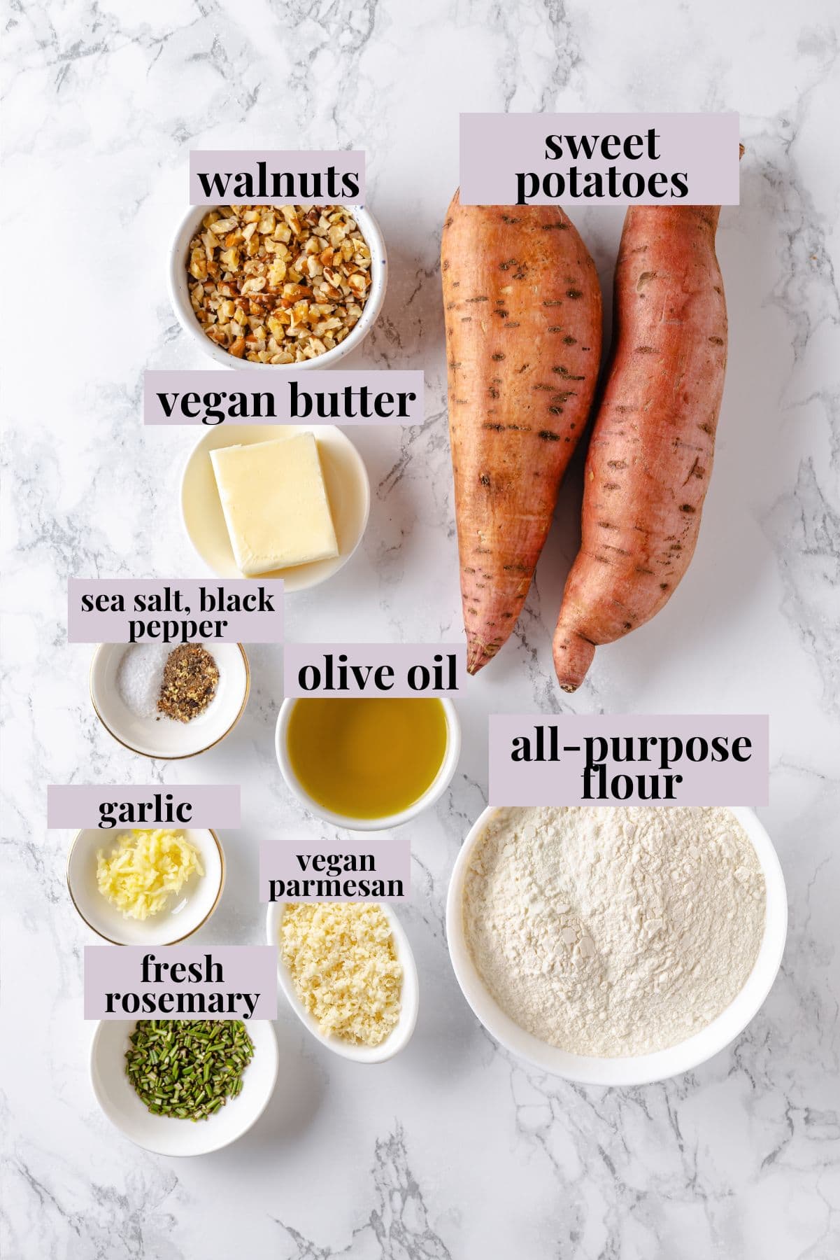 This soft, pillowy homemade sweet potato gnocchi is tossed with rosemary garlic butter and walnuts for a restaurant-style vegan dinner! Ingredients for sweet potato gnocchi with labels.