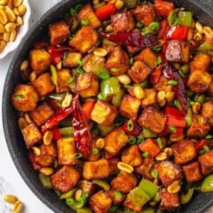 Skillet of kung pao tofu.