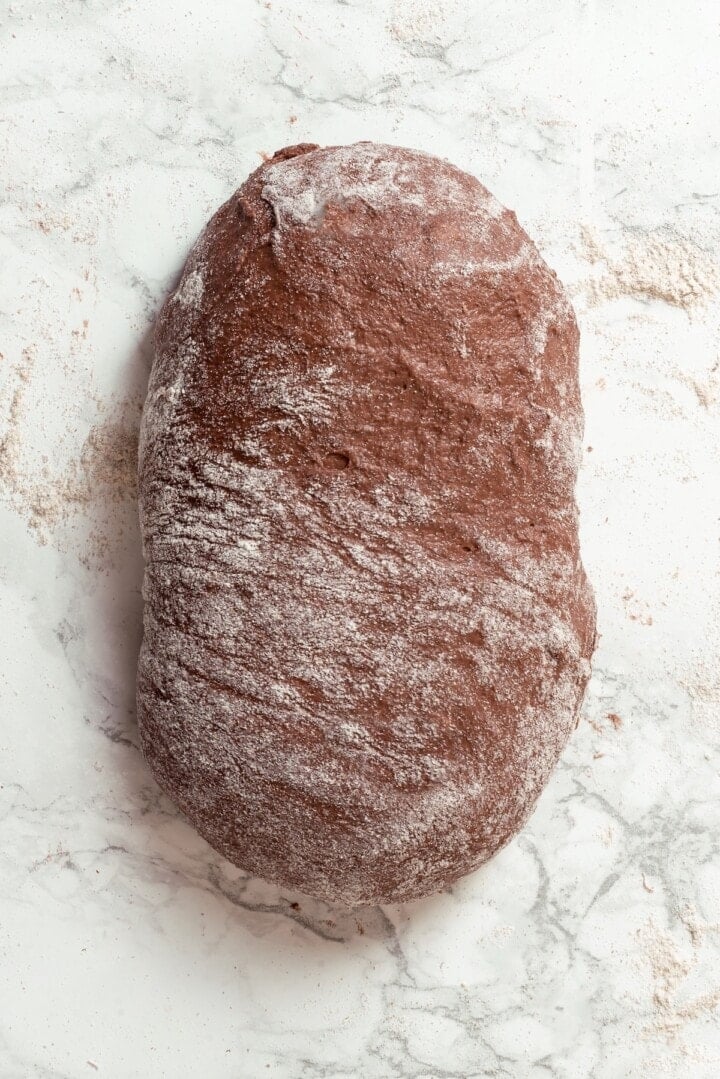 This no-knead dark pumpernickel bread has rich rye flavour and cocoa undertones, perfect for sandwiches and toast. It's so easy to make too! Pumpernickel dough dusted with flour.