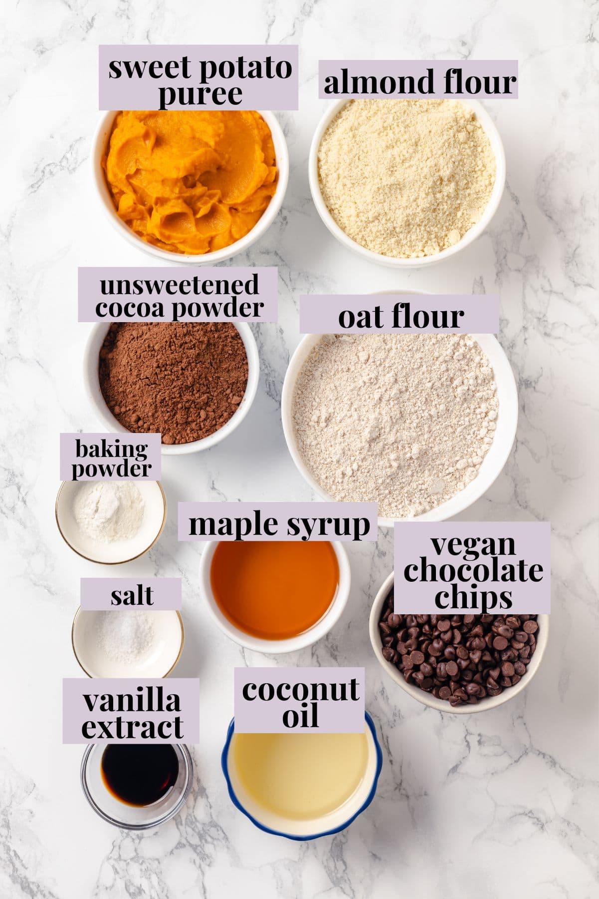 These fudgy vegan sweet potato brownies are made with maple syrup and cocoa for a treat that’s naturally sweet, gluten-free, and oh so rich! Ingredients for sweet potato brownies with labels.