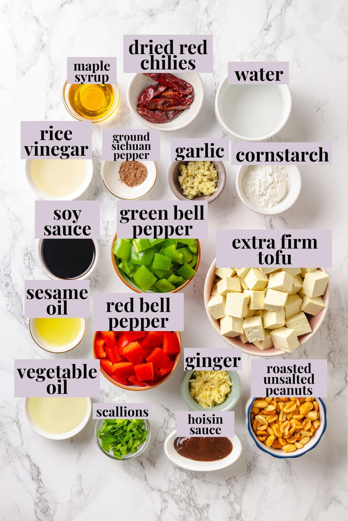 This crispy kung pao tofu is made with bell peppers, crunchy peanuts and a sweet-spicy sauce for a dinner that's even better than takeout! Ingredients for kung pao tofu with labels.