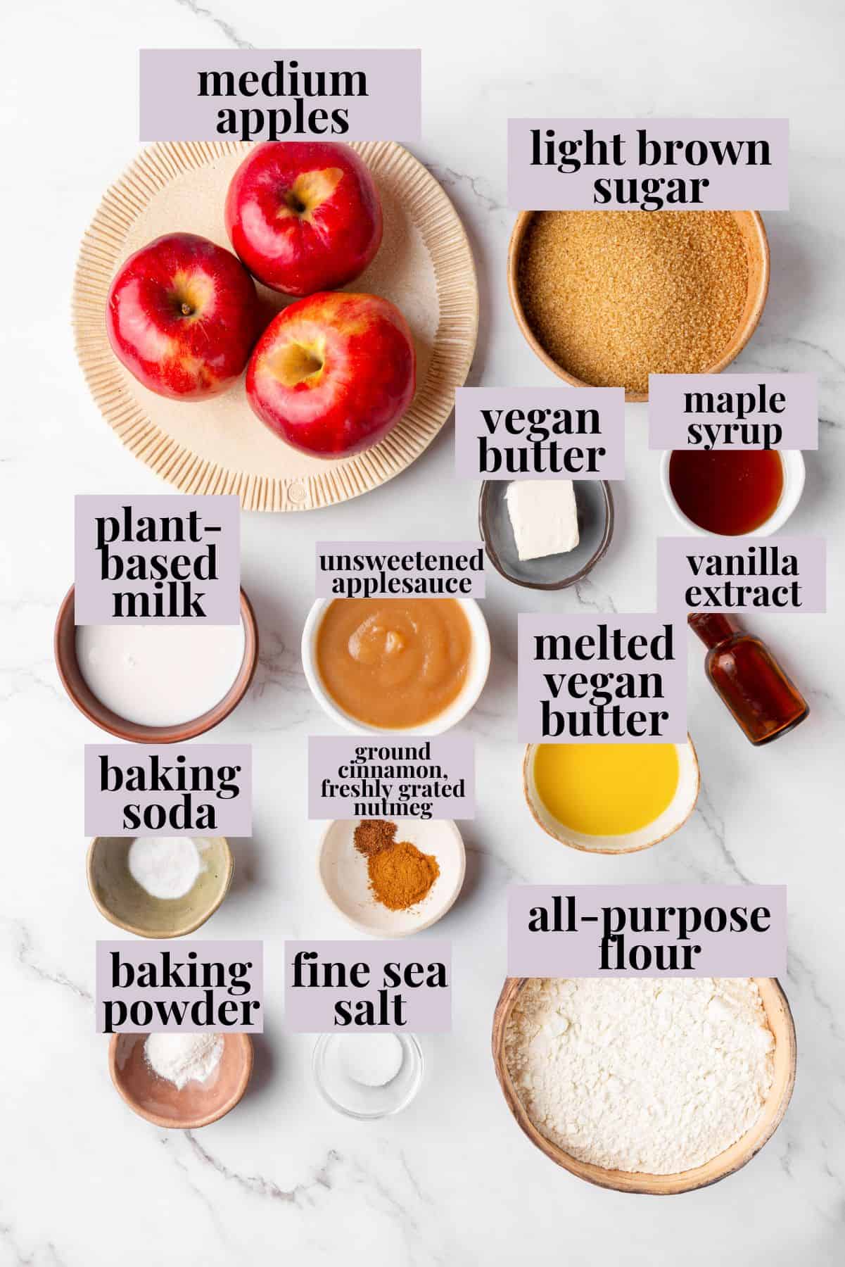 This easy upside down apple cake features tender, spiced cake topped with sticky caramel apples. It’s cozy, simple and perfect for fall! Ingredients for upside down apple cake with labels.