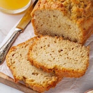 Two slices cut from loaf of beer bread.