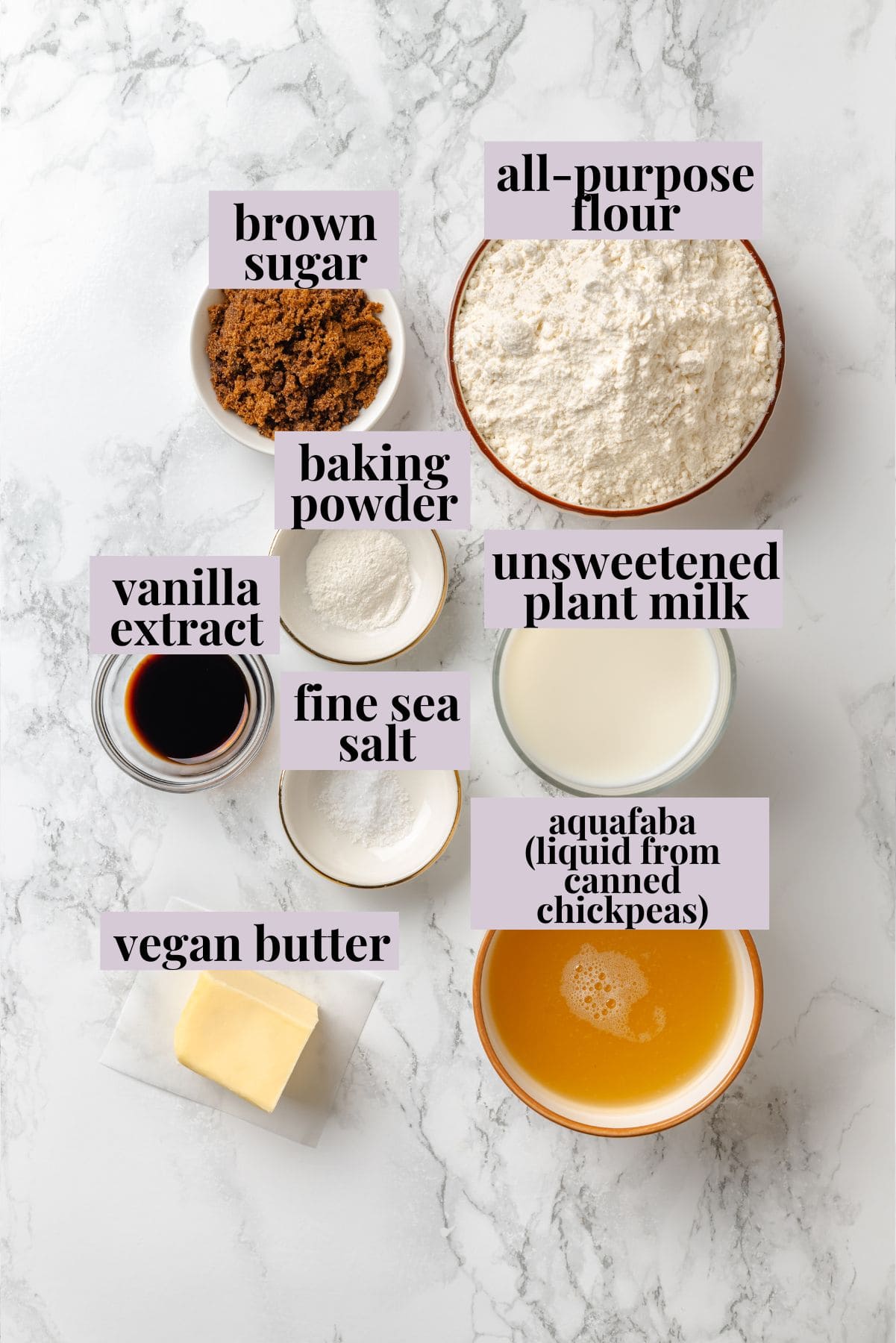 German pancakes bake up puffy and golden with crisp edges and a tender middle. Aquafaba stands in for the eggs in this easy vegan recipe! Ingredients for vegan German pancakes with labels.