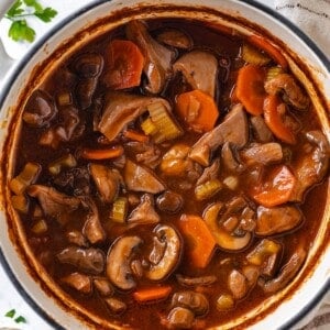 Pot of mushroom bourguignon.
