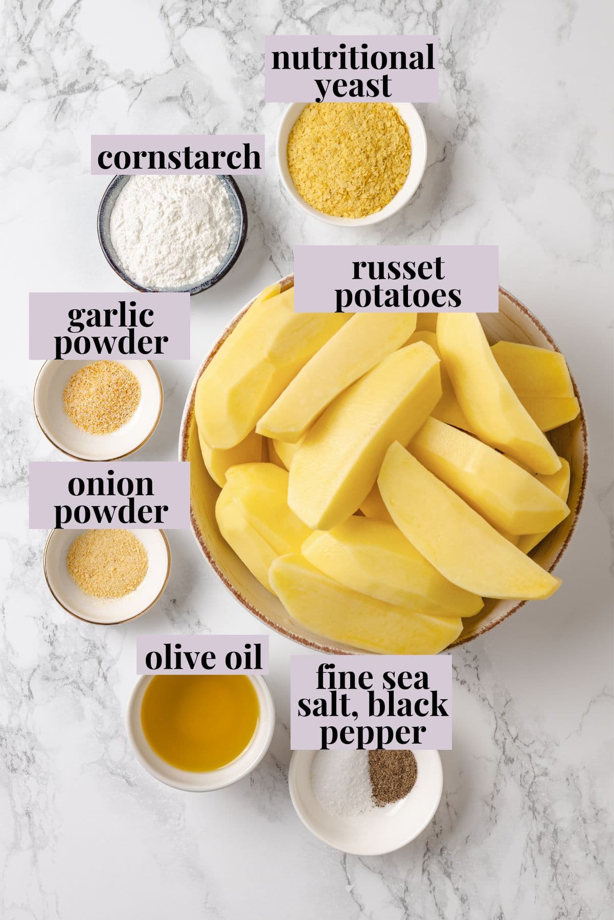 These homemade tater tots are crispy outside, fluffy inside and made with real potatoes. Bake, fry, air fry or freeze them for later! Ingredients for homemade tater tot recipe with labels.