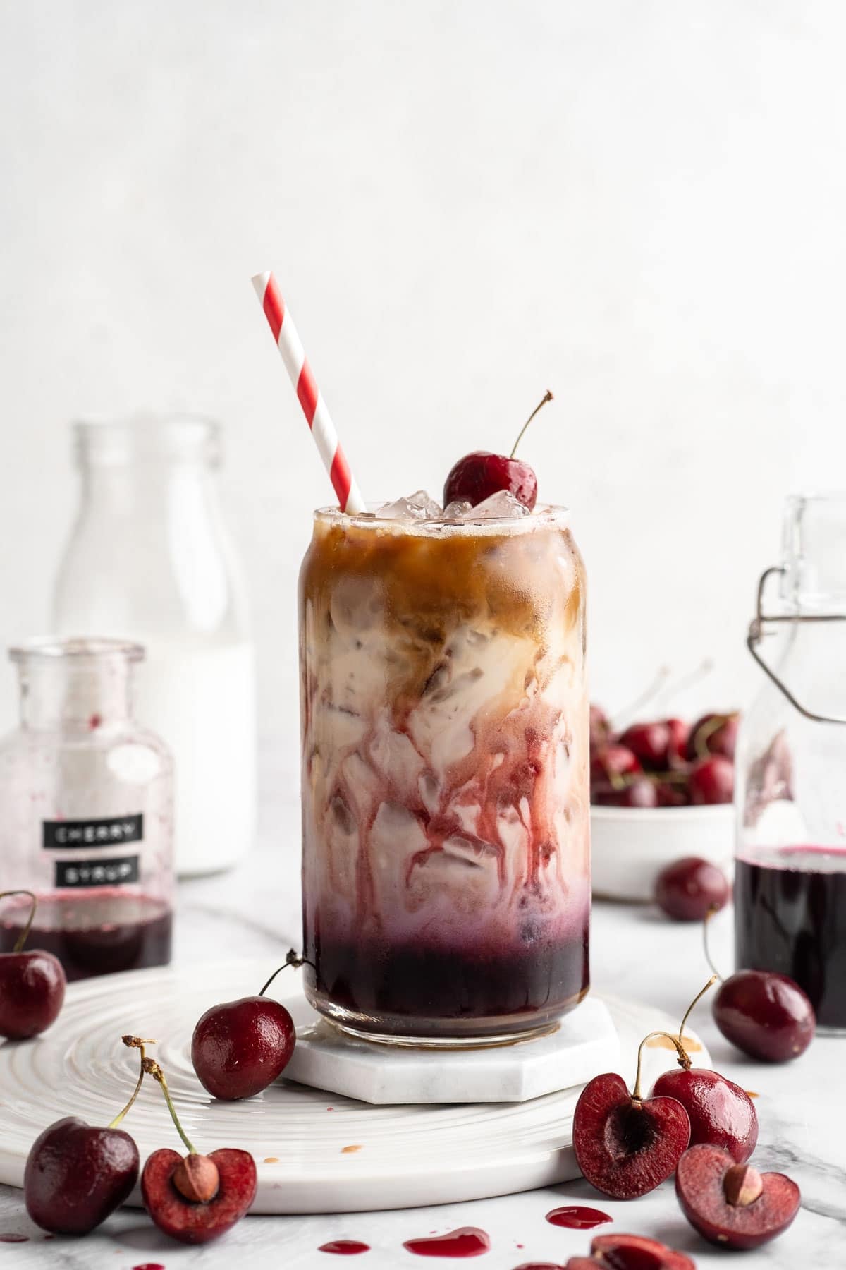 Homemade latte made with cherry coffee syrup.