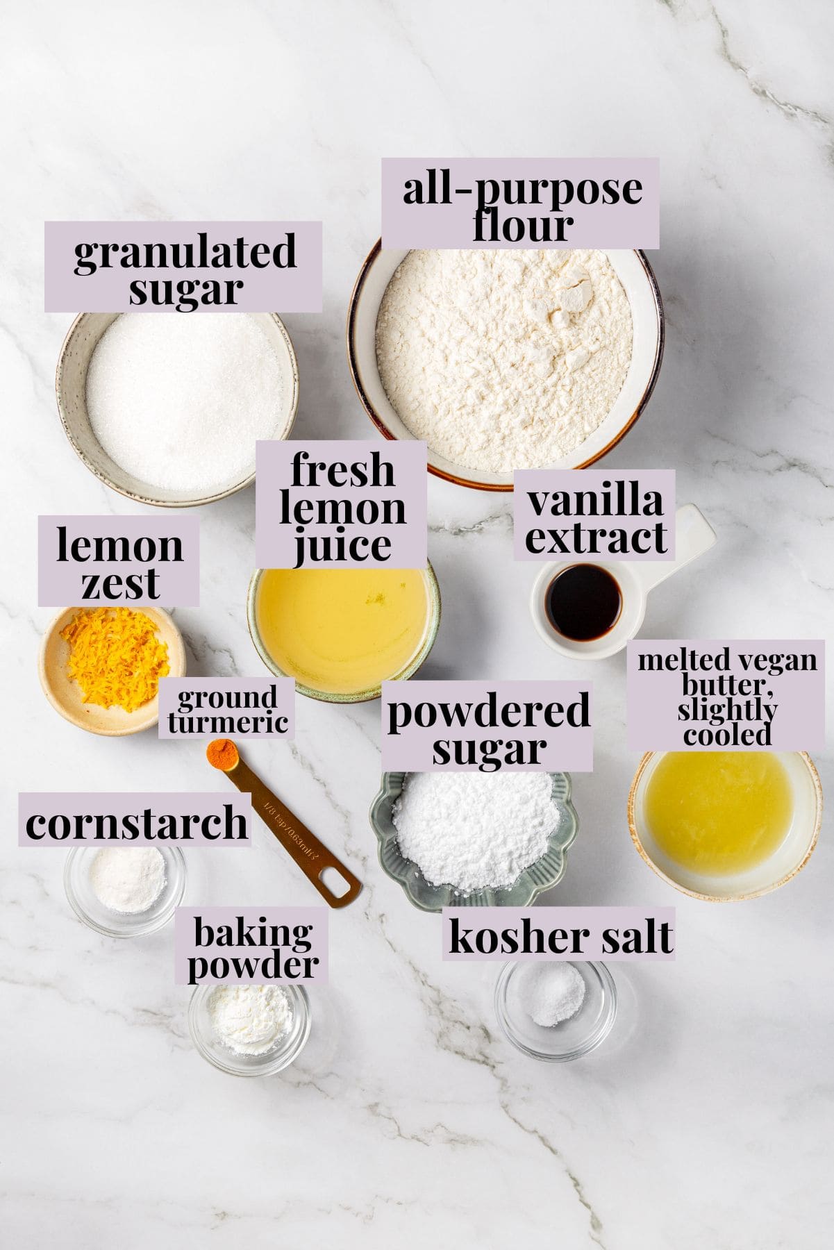 These vegan lemon crinkle cookies bake up soft and chewy, with a sunny citrus flavour and a classic powdered sugar crackle on top. Lovely! Ingredients for lemon crinkle cookies.