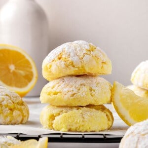 Stack of 3 lemon crinkle cookies.