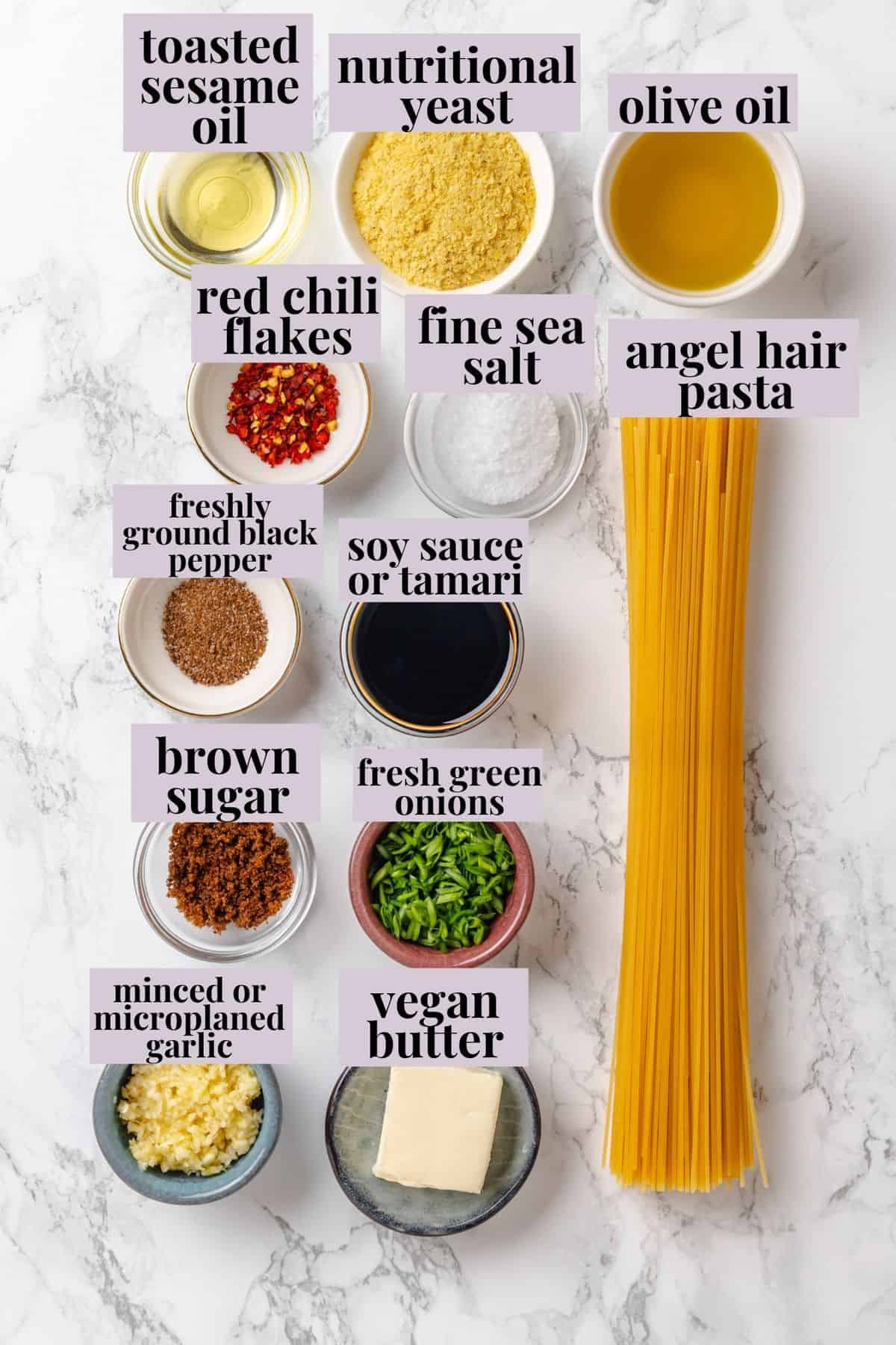 These vegan garlic noodles deliver bold, buttery garlic flavour in a quick, satisfying dish that’s ready in just 20 minutes! Ingredients for garlic noodles.