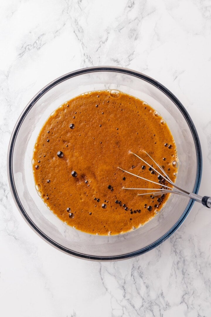 Whisking filling for vegan shoofly pie.