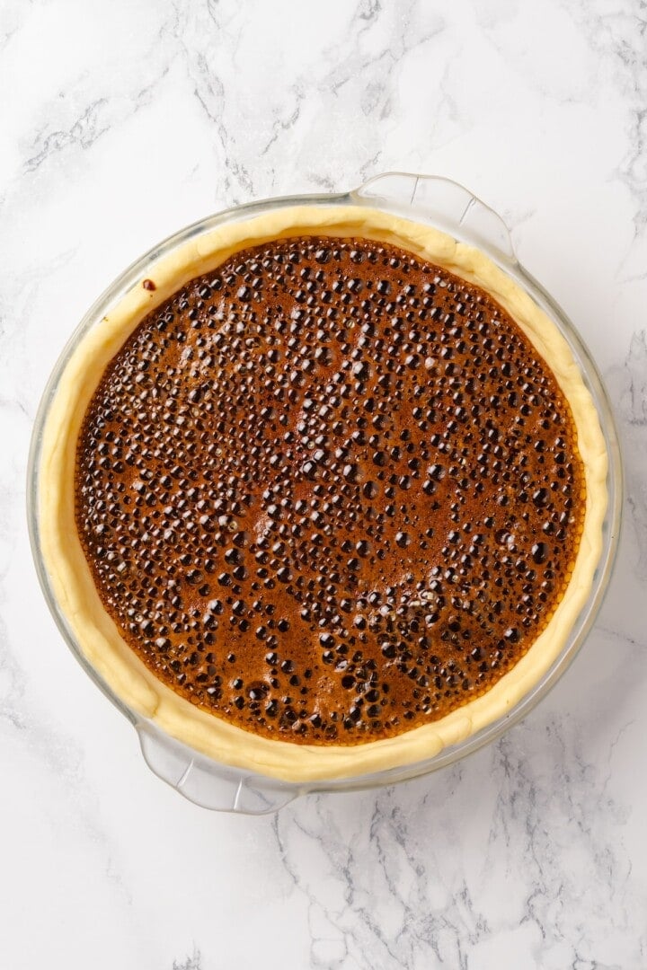 Shoofly pie filling added to crust.