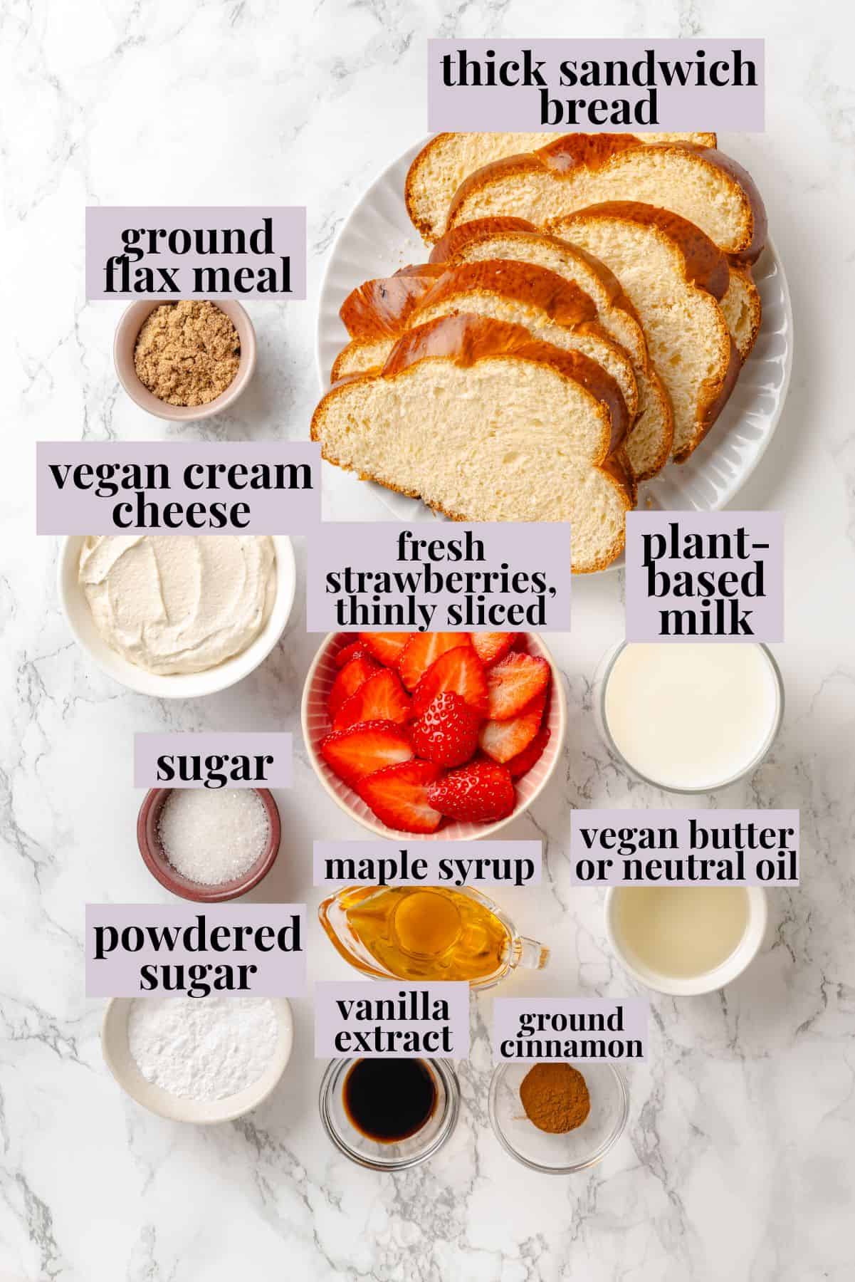 Golden, custardy, and filled with jammy berries and vanilla cream cheese, this vegan stuffed French toast turns brunch into something special! Ingredients for vegan stuffed French toast.