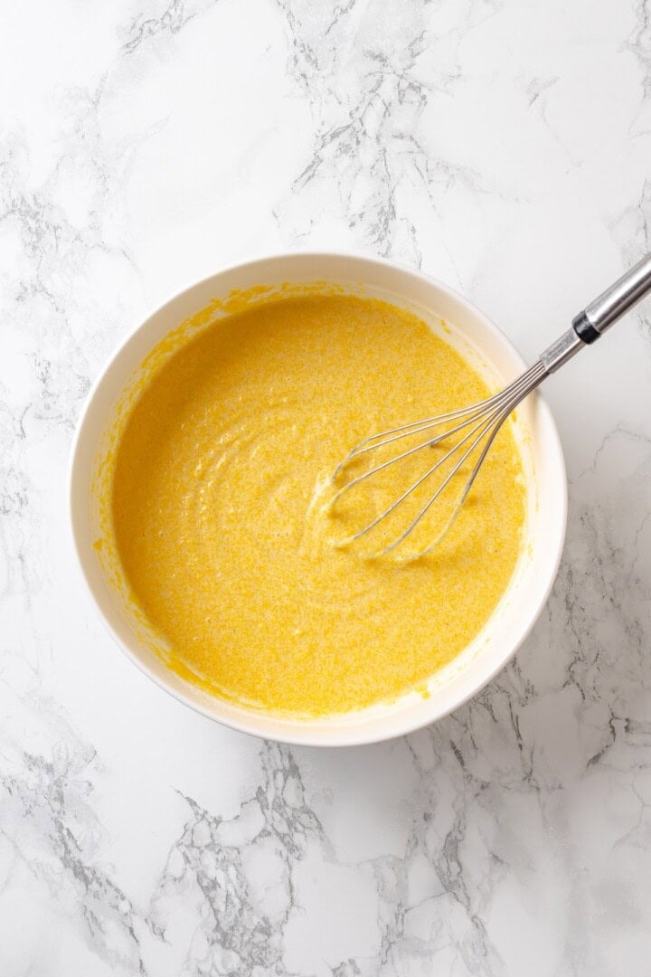 Whisk in bowl of cornbread batter.