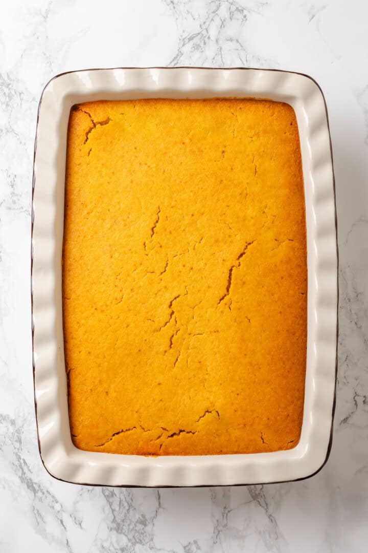 Vegan tamale casserole in baking dish.