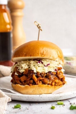 BBQ soy curls on bun with slaw.