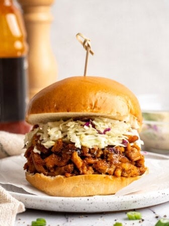 BBQ soy curls on bun with slaw.