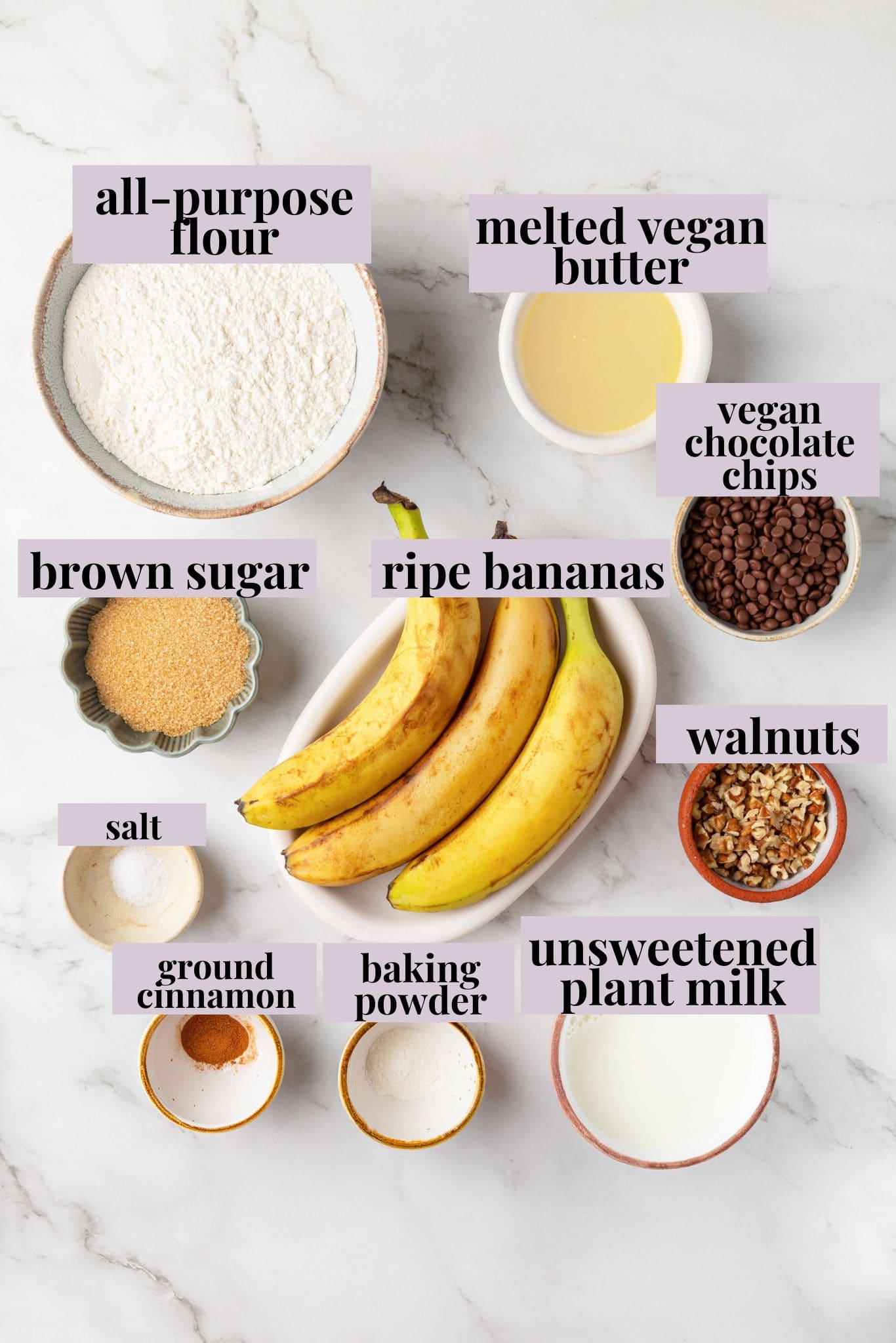 These vegan banana chocolate chip muffins bake up soft, moist and full of chocolate and crunchy walnuts. Perfect for breakfast and snacks! Ingredients for banana chocolate chip muffins.