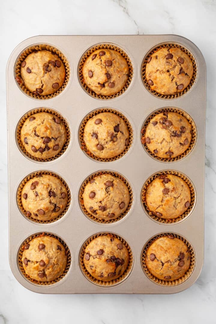 These vegan banana chocolate chip muffins bake up soft, moist and full of chocolate and crunchy walnuts. Perfect for breakfast and snacks! Vegan banana chocolate chip muffins in pan.