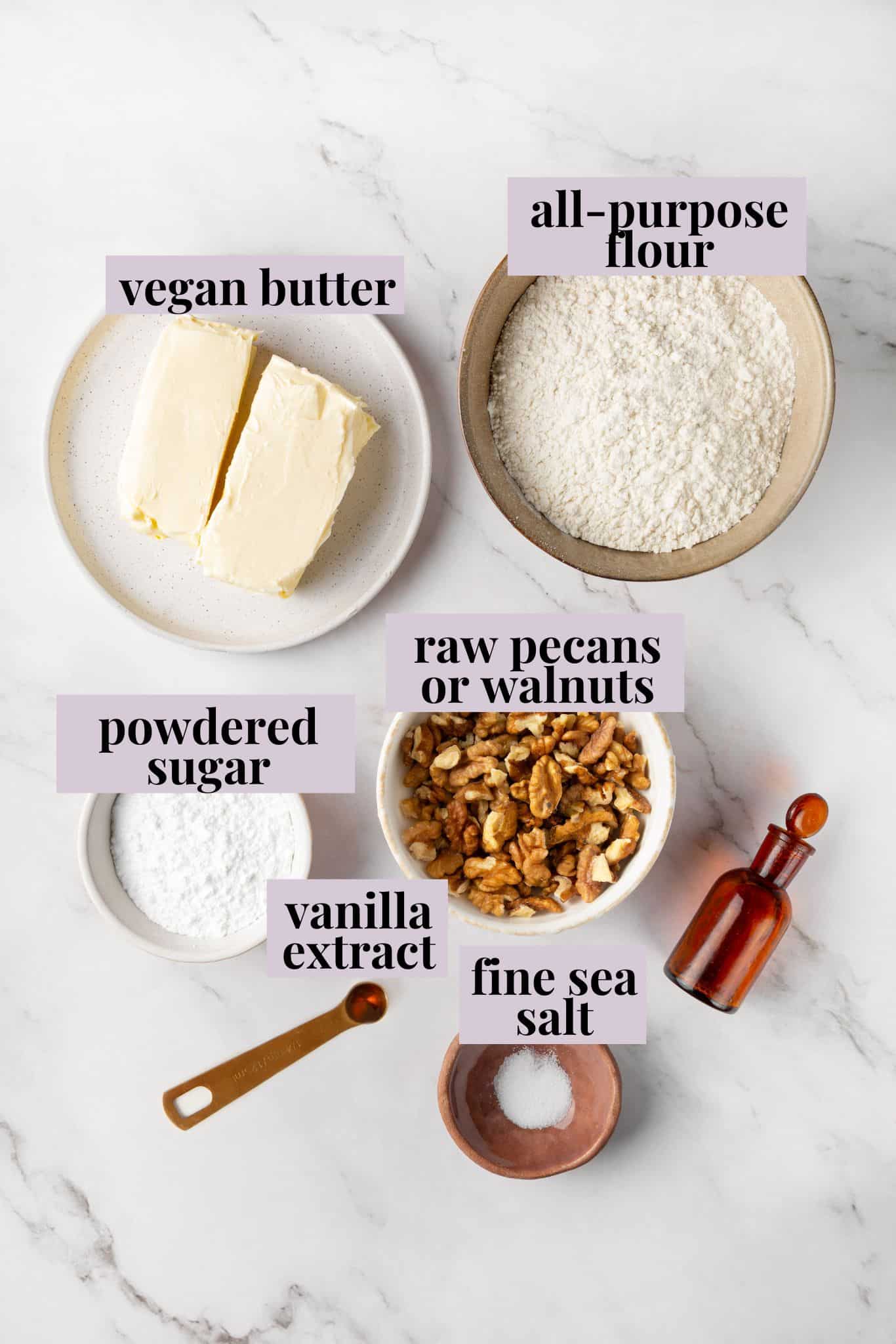 Buttery, melt-in-your-mouth and coated in powdered sugar, these vegan Mexican wedding cookies have everything you love about the original! Ingredients for Mexican wedding cookies.