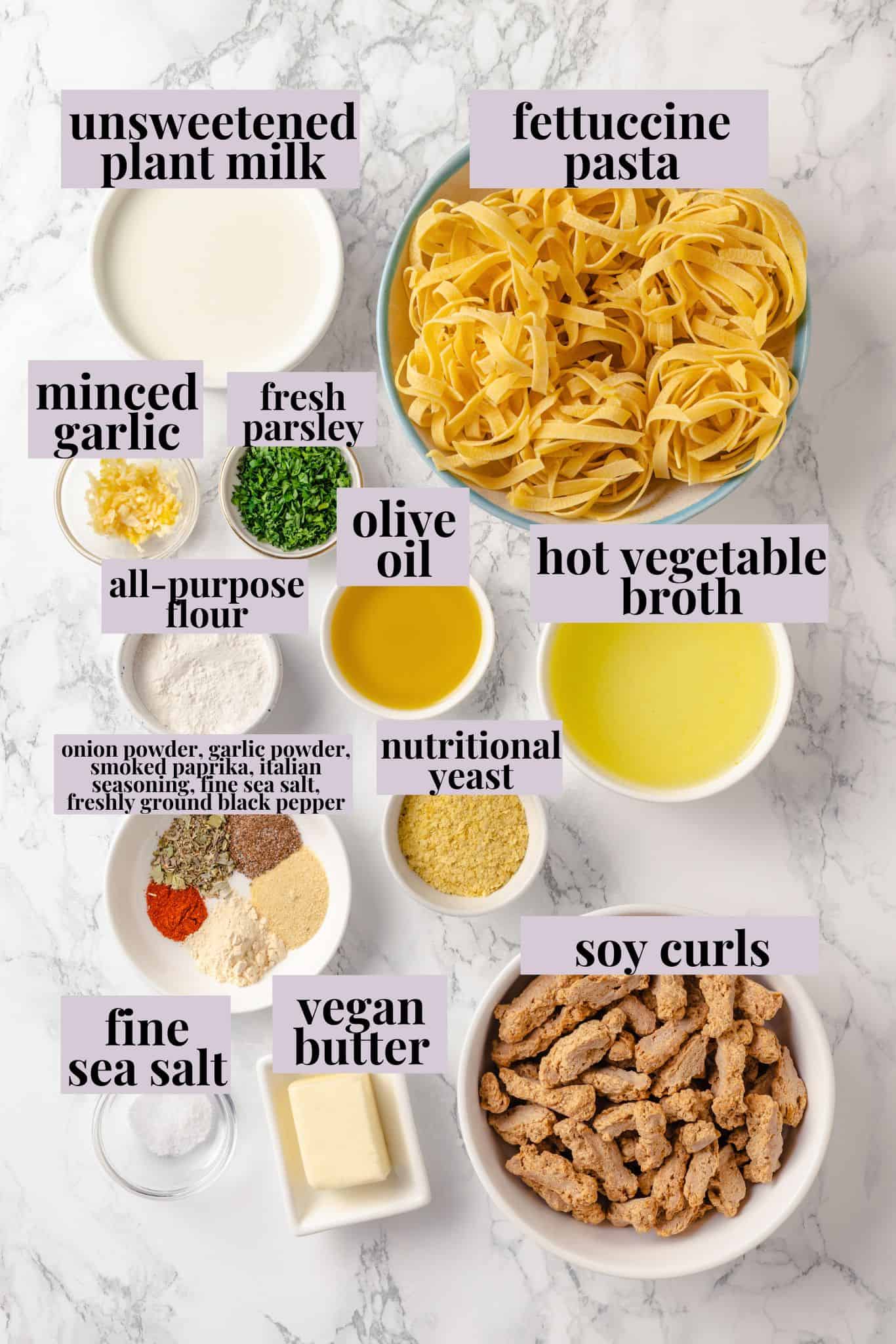 This vegan “chicken” Alfredo recipe is made with budget-friendly soy curls to replace the meat. It’s rich, garlicky and creamy. So good! Ingredients for Soy Curl “Chicken” Alfredo.