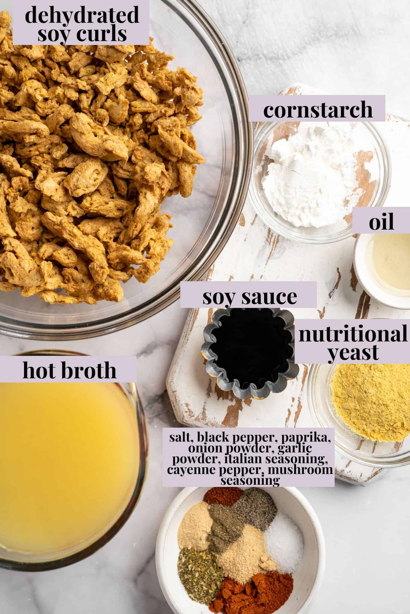Soy curl "chicken" is a budget-friendly vegan swap for chicken that's crispy on the outside, full of savoury flavour, and super versatile! Ingredients for soy curl chicken.