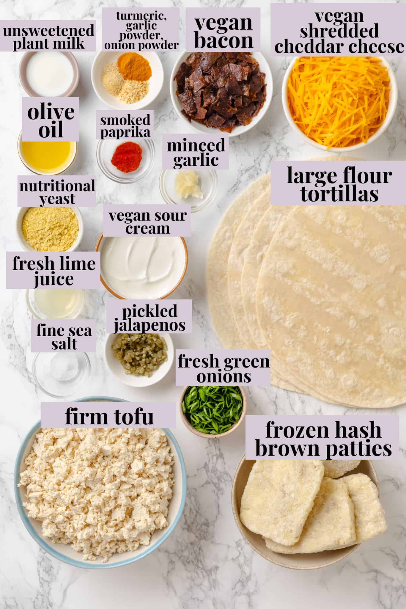 This vegan breakfast crunchwrap layers a crispy tortilla with tofu scramble, vegan bacon and creamy jalapeño sauce for a satisfying breakfast! Ingredients for vegan breakfast crunchwraps.