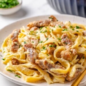 Plate of soy curl chicken alfredo.