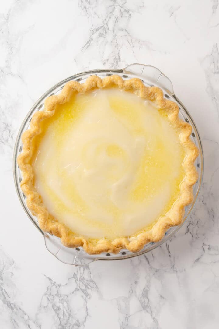 Sugar cream pie baked in glass pan.