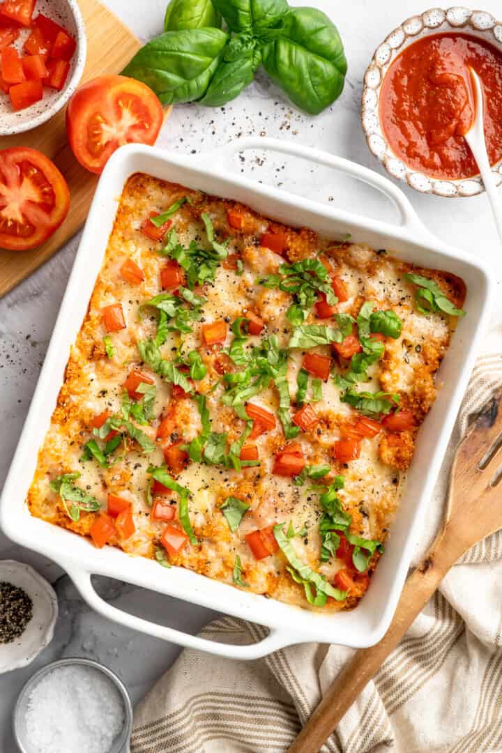Overhead image of cheesy quinoa casserole.