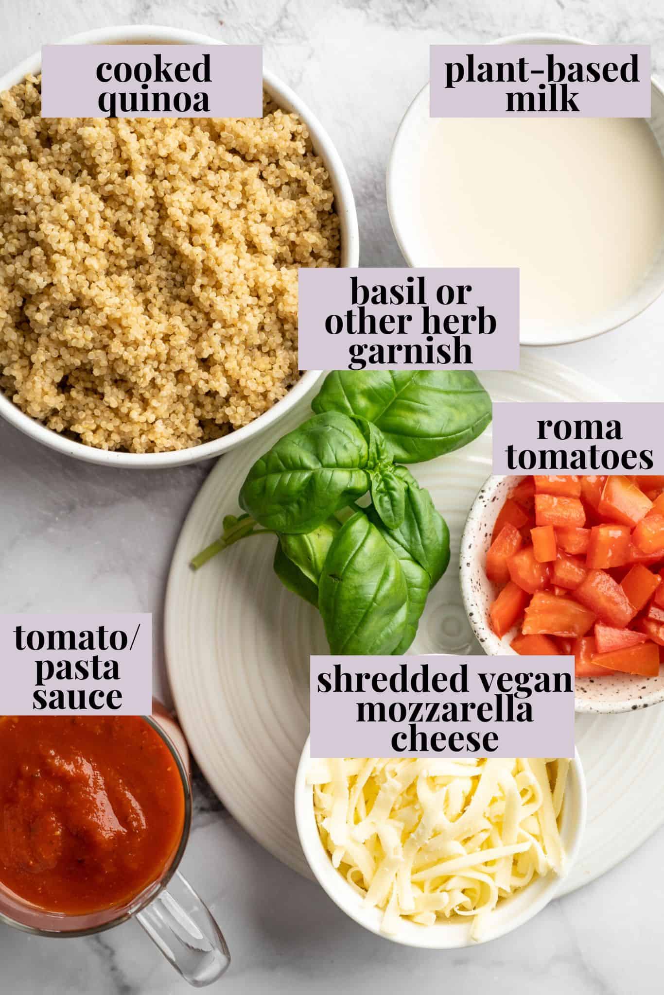 Labeled ingredients for cheesy quinoa casserole.