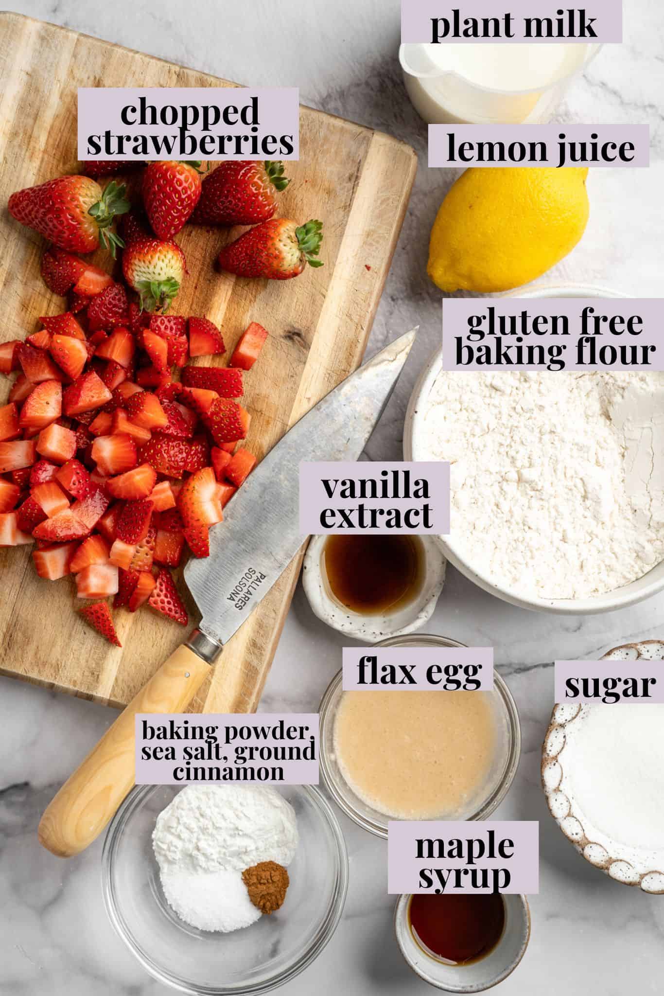 These strawberry pancakes are incredibly fluffy and jam-packed with fresh strawberries. Plus, they're gluten-free and vegan! Labelled ingredients for strawberry pancakes.