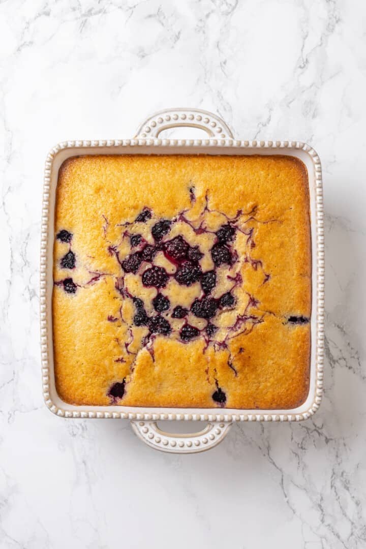 This blackberry cobbler, with its fluffy batter topping and juicy, bubbling blackberries is a summer staple you don't want to miss. Overhead image of blackberry cobbler in a baking pan.