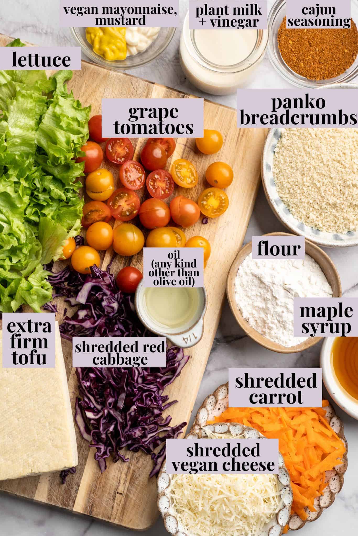 This tofu salad, topped with Cajun fried tofu and creamy, tangy-sweet dressing, is just as good as TGI Friday's version. And it's vegan! Labeled ingredients for Cajun fried tofu salad.