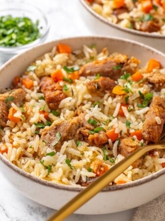 A bowl full of vegan chicken and rice.