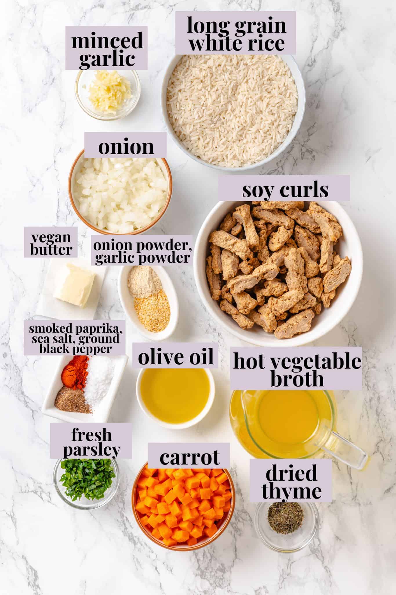 This vegan "chicken" and rice delivers all the cozy, savoury goodness of the meat-eater's version, no chicken required. Labeled ingredients for vegan "chicken" and rice.