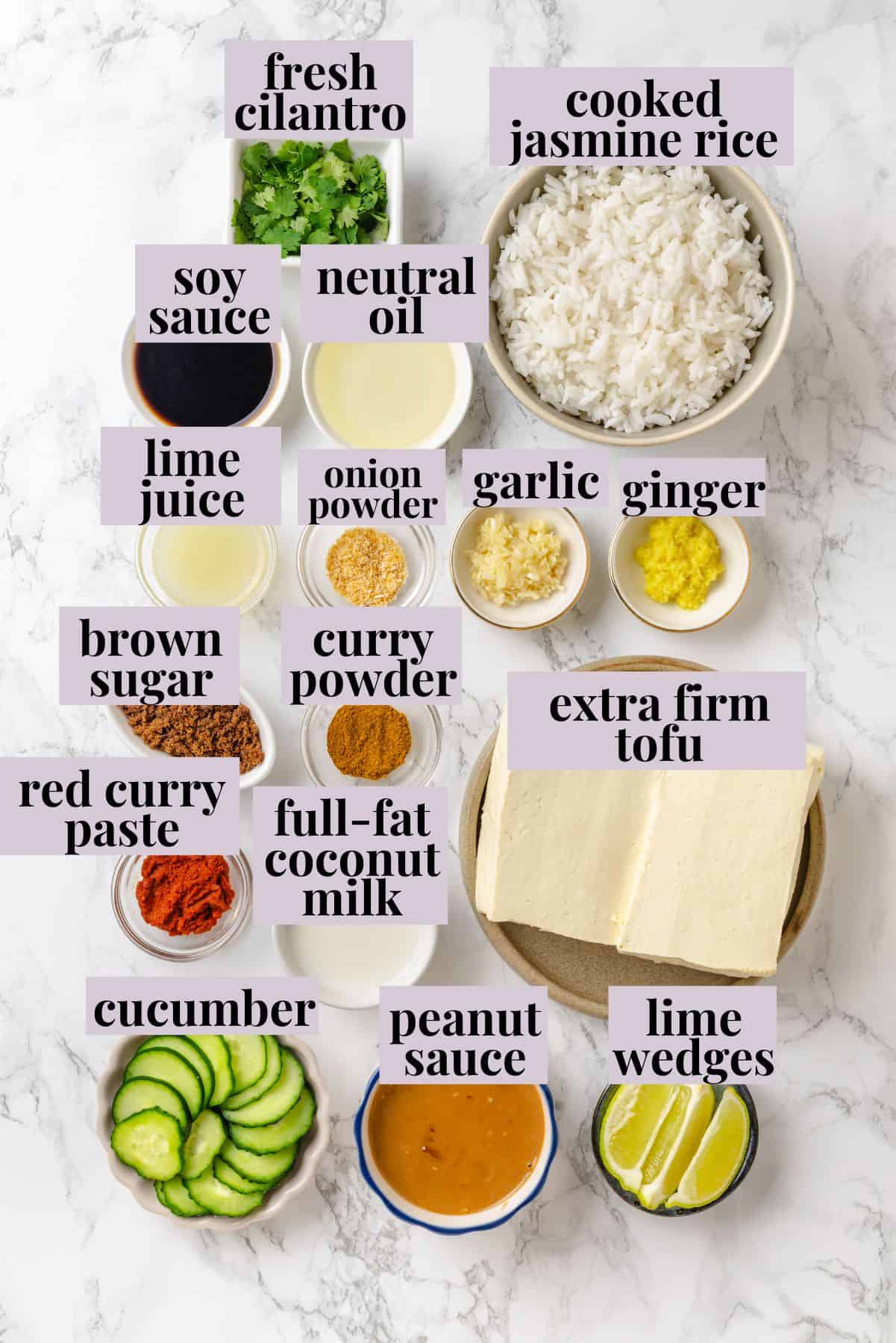 Move over, chicken satay. This tofu satay delivers all the sweet, savoury, tang you crave, with firm caramelised tofu and Thai peanut sauce. Labeled ingredients for tofu satay.